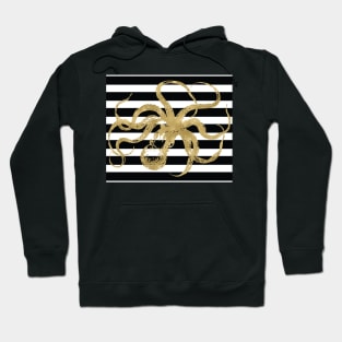 Gold Octopus on Black & White Stripes Hoodie